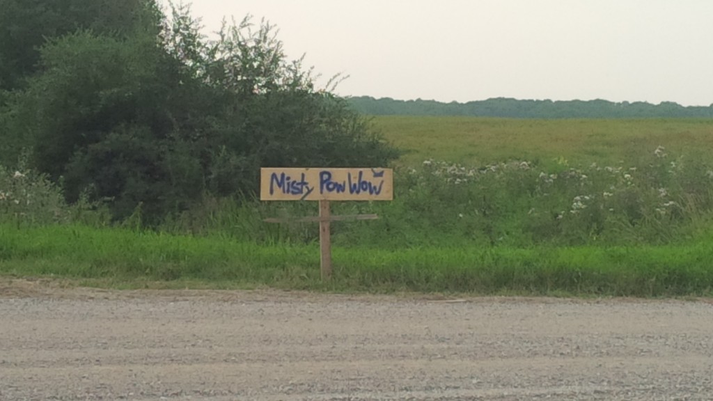 The sign for the Mistawassis Pow Wow, written in the local vernacular. August 29, 2015. Kristin Catherwood. 